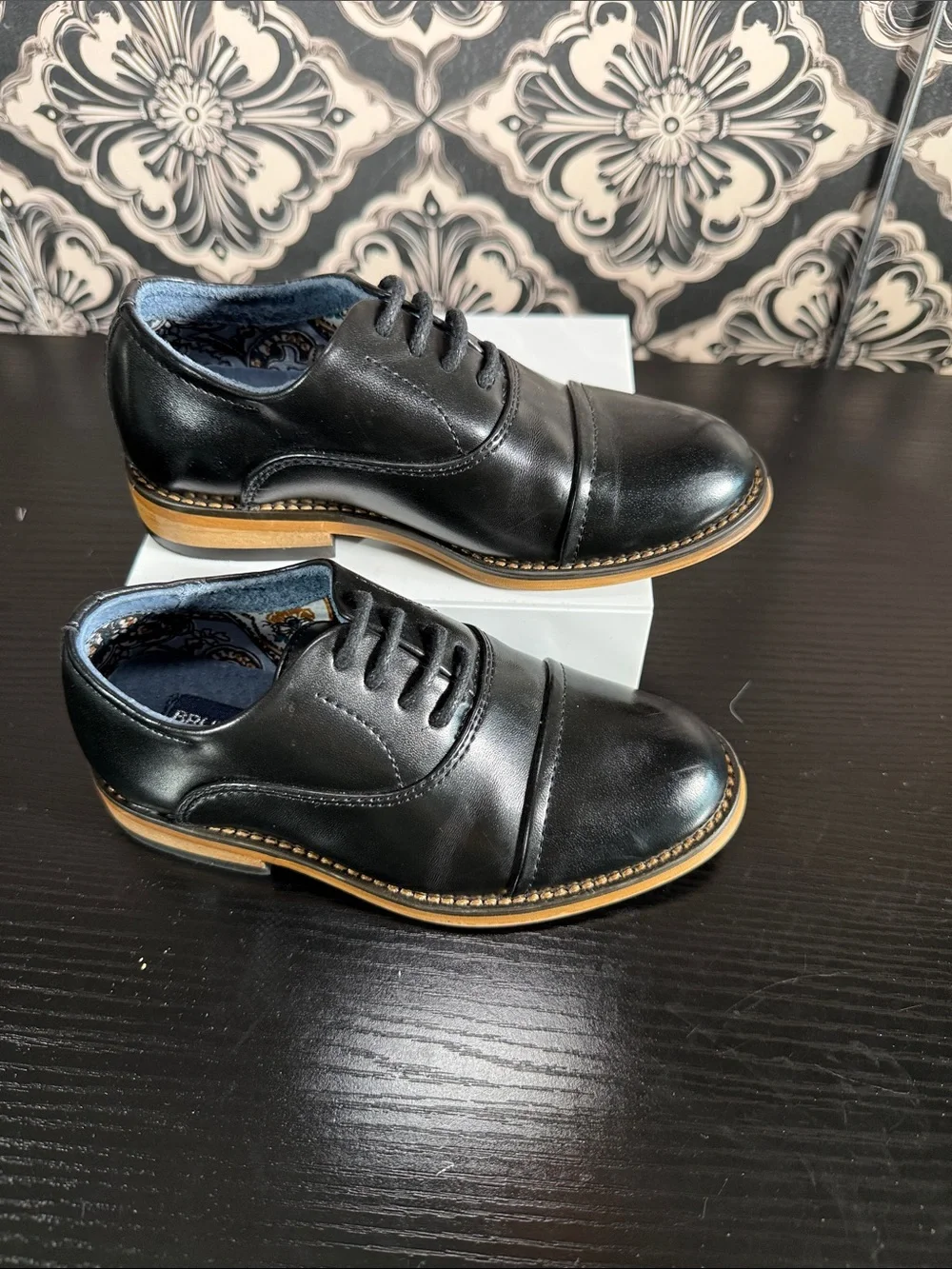Bruno Marc Boy’s Black Leather Cap-Toe Derby with Tan Welt